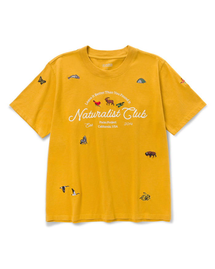 Mustard Women's Naturalist Club Boxy Tee with small animal illustrations and script logo