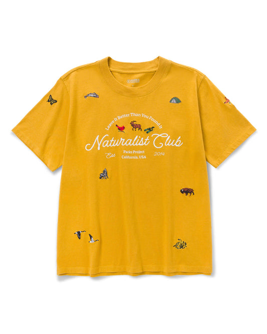 Mustard Women's Naturalist Club Boxy Tee with small animal illustrations and script logo