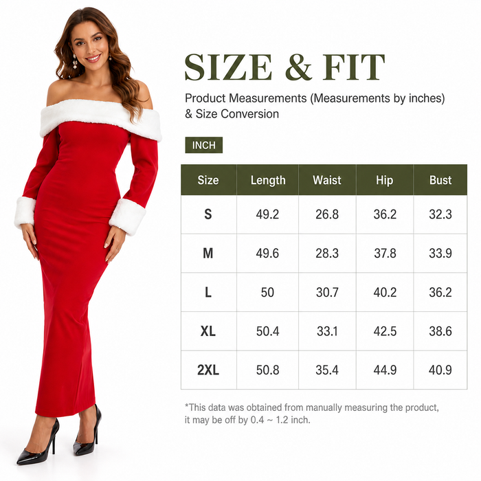 Women's red off-shoulder Christmas maxi dress size and fit chart with measurements from S to 2XL