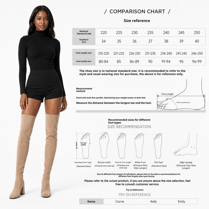 Side view of women's over the knee boots showing the tall stretch PU shaft, square toe, zipper and 3-5 cm chunky heel design.
