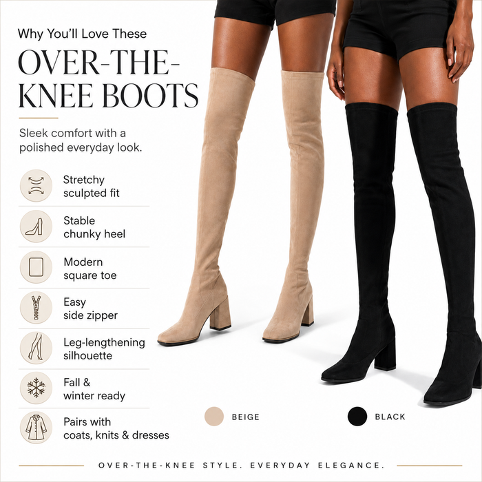 Detailed view of stretch PU over the knee boots for women with a smooth leg-hugging shaft, square toe and bonded rubber sole.