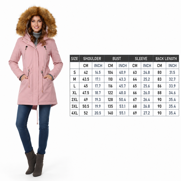 Women's pink hooded mid length padded parka on model with size chart from S to 4XL