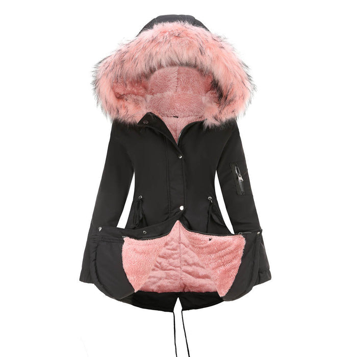 Women’s Cotton Padded Parka purple blue shade hood up cold morning street setting