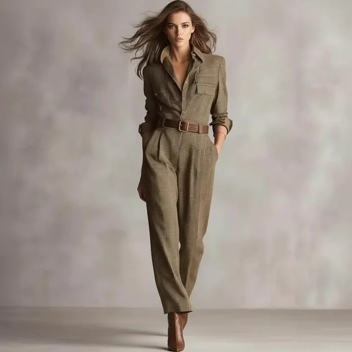 "workwear plaid jumpsuit for office with structured shoulders and tailored leg line"