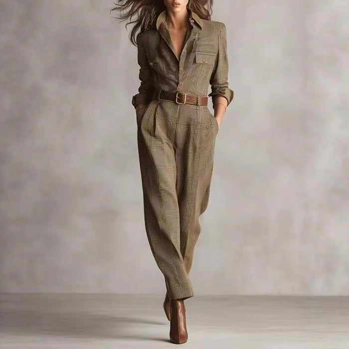 "women’s plaid jumpsuit close up of spandex fabric texture and subtle check pattern"