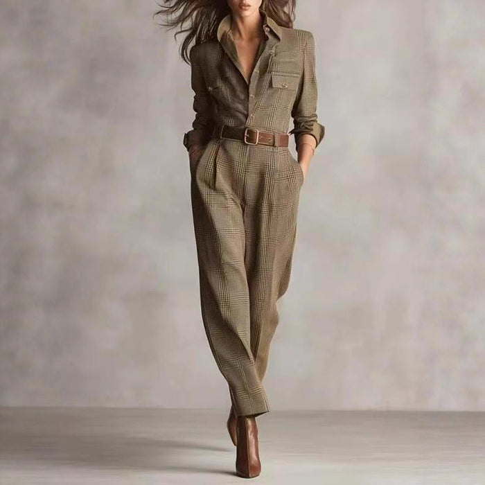 "autumn plaid wide leg jumpsuit in stretch spandex fabric paired with ankle boots and coat"