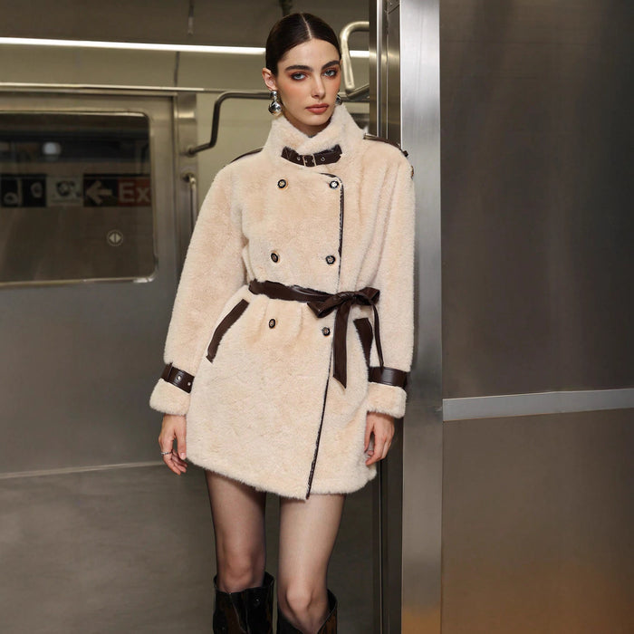 "Warm faux fur outerwear draped over chair, texture view"