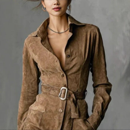 Side view of women's retro dress showing waist belt and A-line silhouette