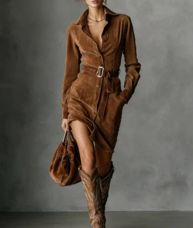 Flat lay of women's retro dress with belt – complete package includes matching camel belt and elegant long sleeve blouse dress design