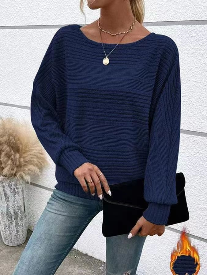 Lake blue solid color crew neck top women polyester pullover comfortable relaxed fit style