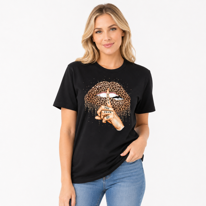 Women's black T shirt with leopard lips and finger graphic shown in a detailed professional studio product image.