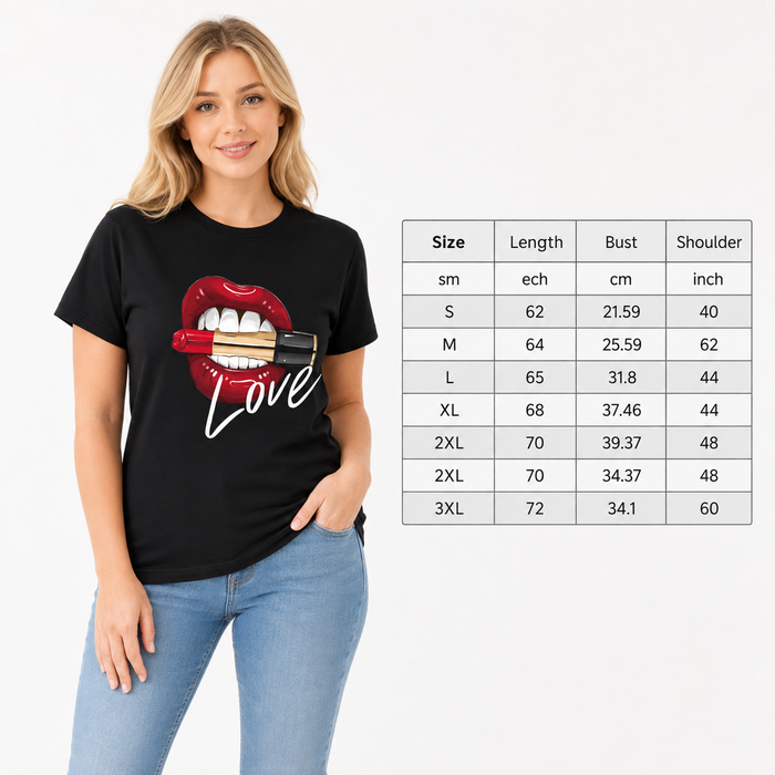 Women's black graphic T shirt with red lips and Love design shown beside the supplied size chart in a clean studio layout.