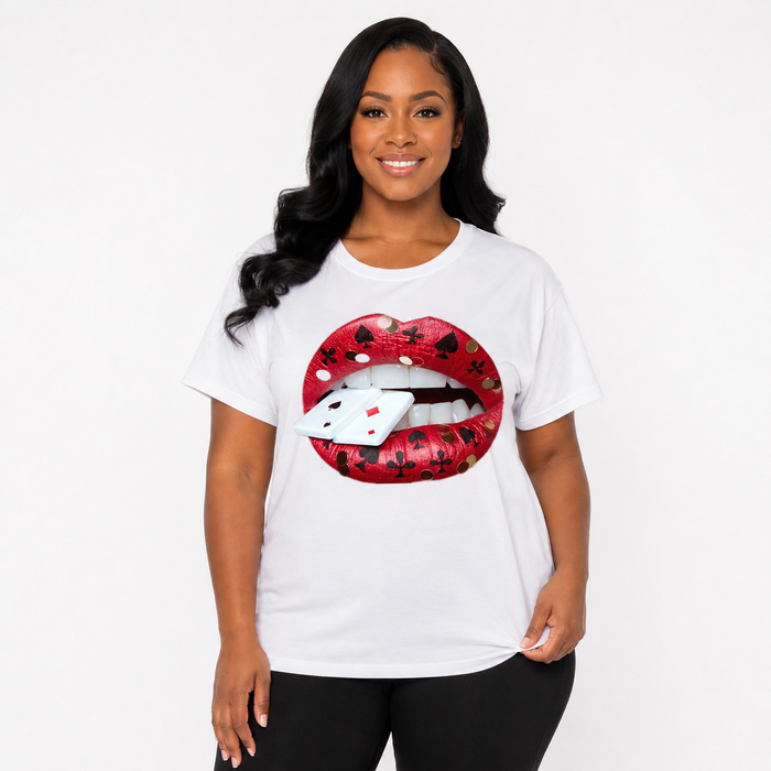 Women's white T shirt with red lips and playing card graphic shown in a clear front-facing professional product image.