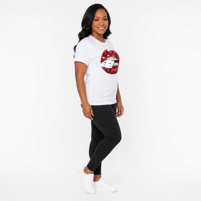 Women's white T shirt with red lips and playing card graphic shown in a professional side-view studio image.
