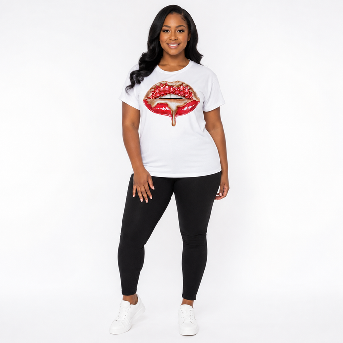 Women's white graphic T shirt with jeweled red lips design shown on a professional model against a clean studio background.