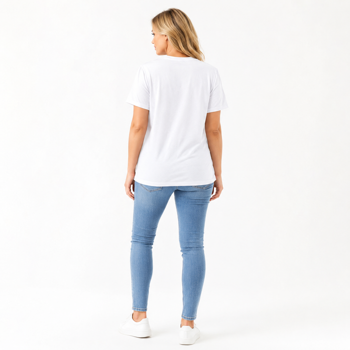 Women's white T shirt shown on a professional adult model in a clean studio product view.