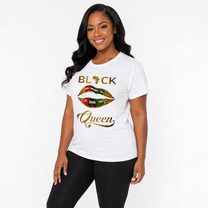 Women's white graphic T shirt with Black Queen lips design shown on a professional model against a clean studio background.