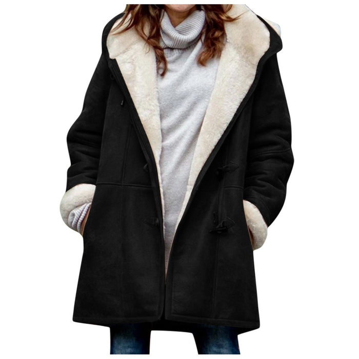 Women's sherpa lined hooded coat beige faux suede texture with hand pockets, warm fleece lining for travel days