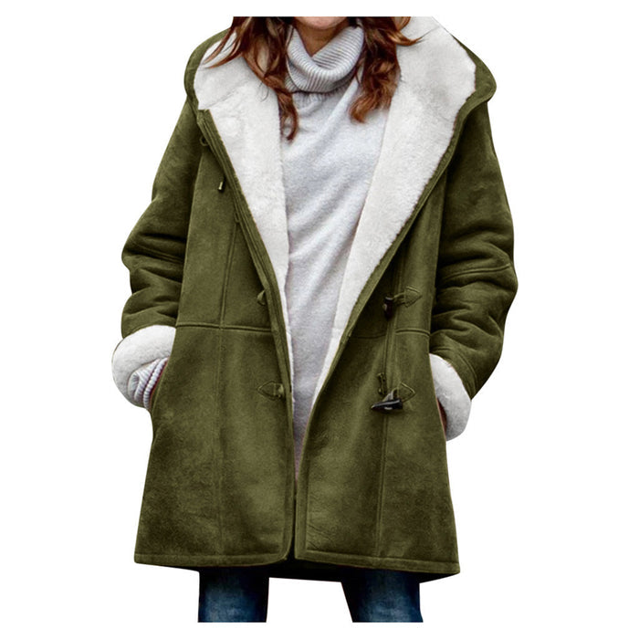 Women's fleece lined hooded coat duffle toggle design with roomy hood, sherpa warmth for weekend getaways