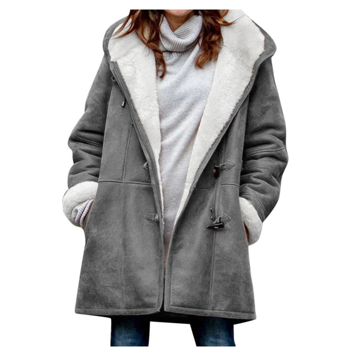 Women's faux suede sherpa coat feel with vintage toggles and pockets, hooded fleece lining for winter outfits