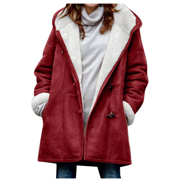 Casual women's hooded sherpa coat mid-length trench vibe with toggles, soft fleece lining for chilly mornings