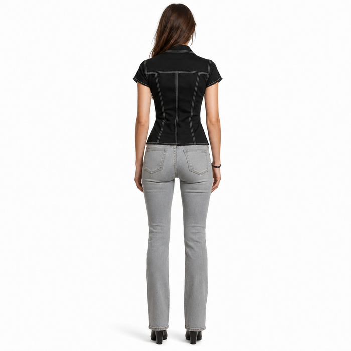 Full-body back view of women's black fitted short sleeve shirt showing contrast stitching, shaped waist and clean back construction.