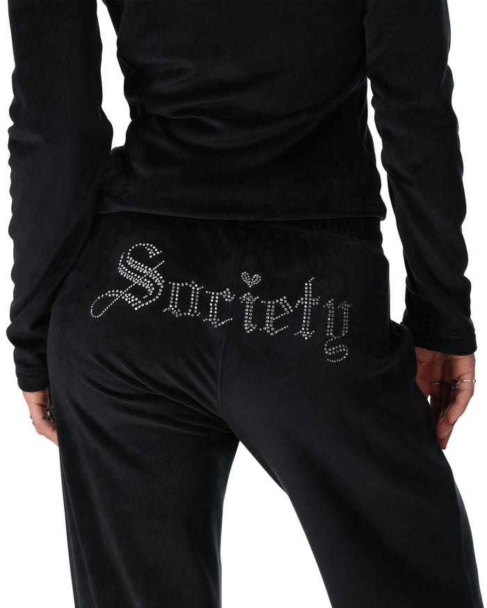 Black tracksuit with 'Society' text on pants against a white background