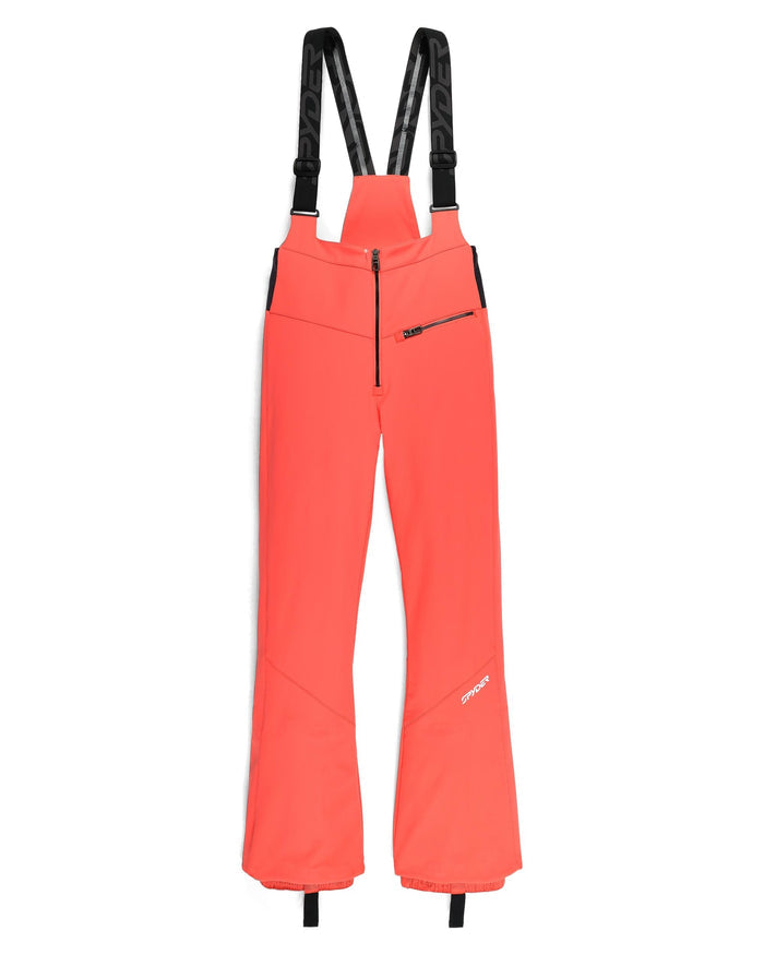 Orange ski pants with black straps on a white background