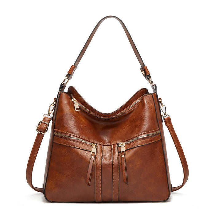 Front View of Women's Trendy Double Zipper Soft Leather Large Capacity Tote with Secure Compartments