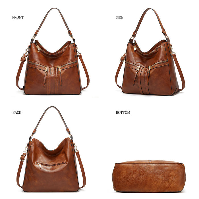 Side Profile Showing Spacious Interior of Women's Trendy Double Zipper Soft Leather Large Capacity Tote