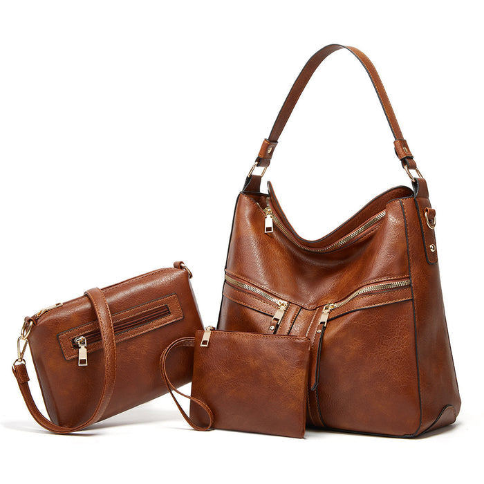 Black Women's Trendy Double Zipper Soft Leather Large Capacity Tote Carried on Shoulder