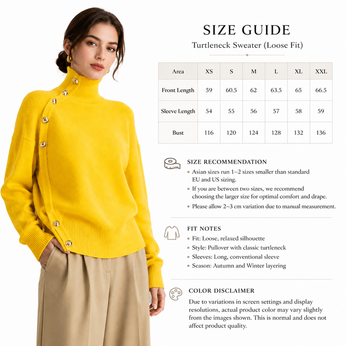 Women's yellow turtleneck sweater on model with size guide and confirmed measurements on a clean white layout
