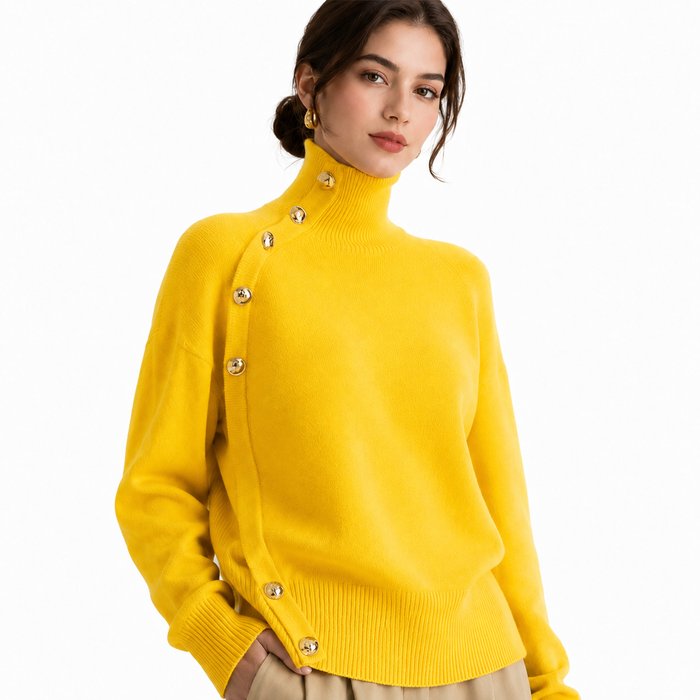 Women's yellow turtleneck sweater close view highlighting gold buttons and knit details on white background