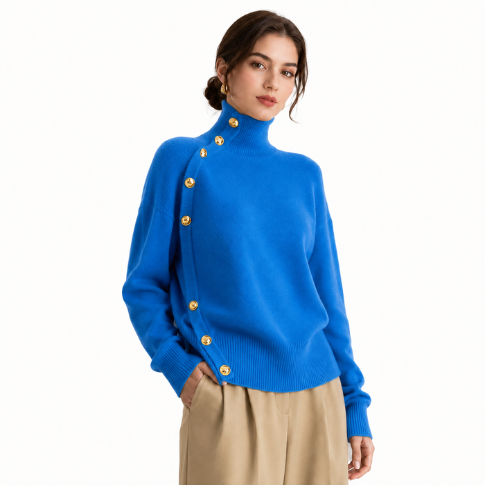 Women's green turtleneck sweater with gold button accents on model against clean white studio background