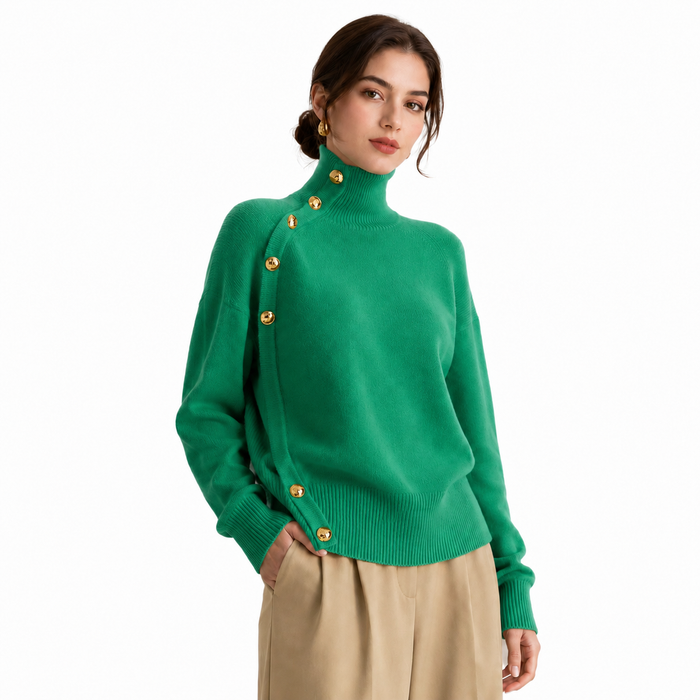 Women's sapphire blue turtleneck sweater with gold buttons on model against clean white studio background