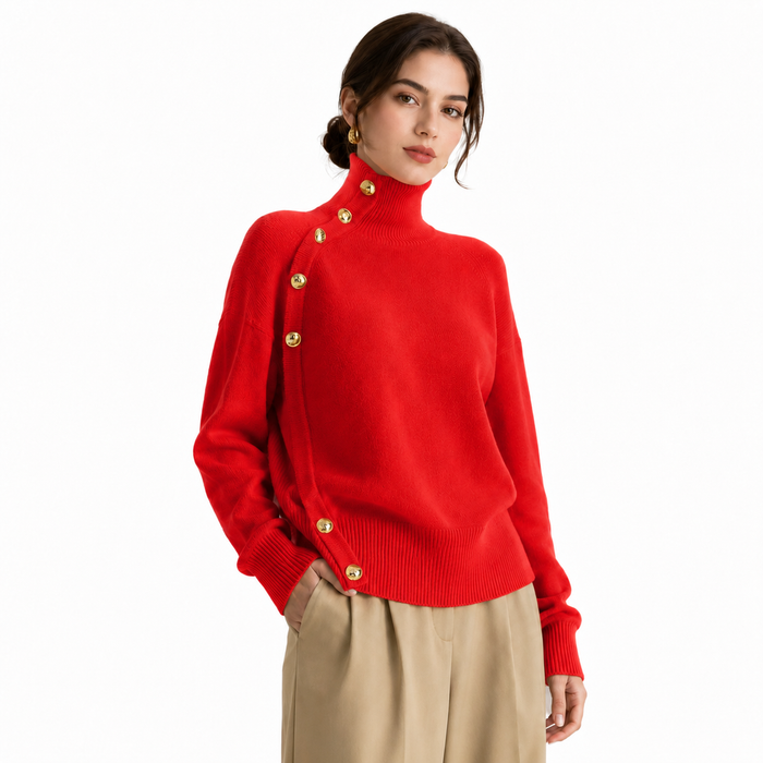 Women's red turtleneck sweater with gold button details on model against clean white studio background