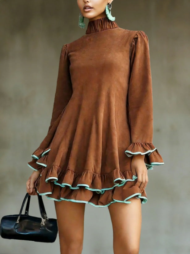 Vintage ruffled high-neck dress back view showing clean finish