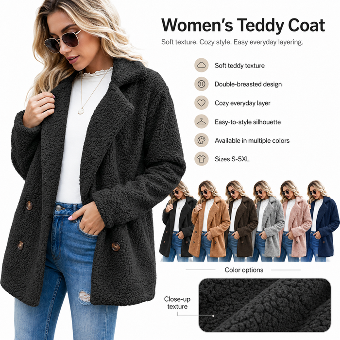 Women's teddy coat benefits collage with color options and close-up texture