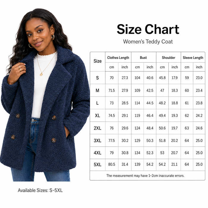 Women's teddy coat size chart with model and measurements from S to 5XL