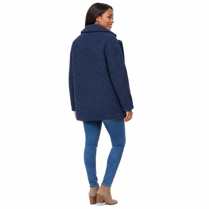 Women's navy teddy winter coat back view on white background