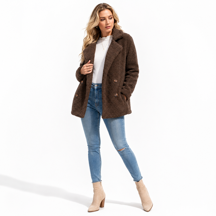 Women's coffee teddy winter coat three-quarter view on white background