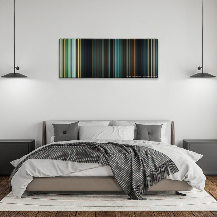 Wonder Woman color palette canvas above a bed, between two black pendant lamps