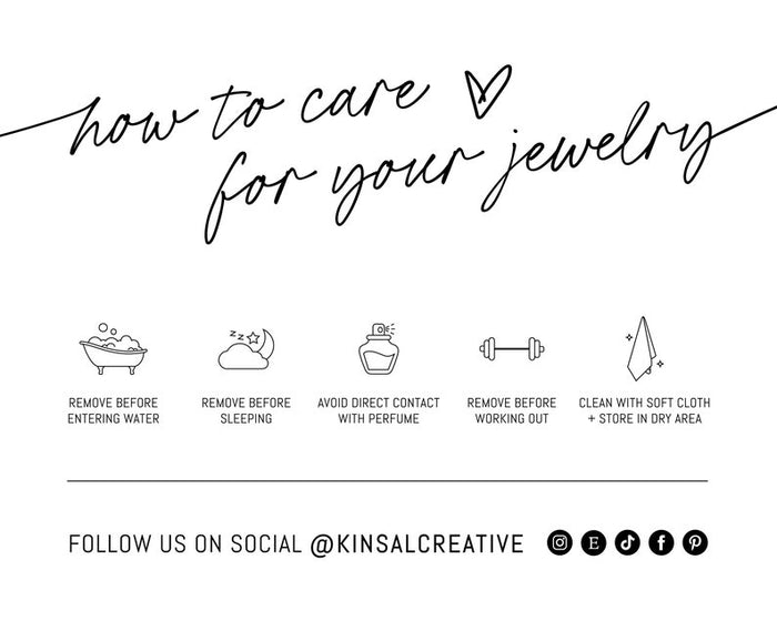 Care instruction card with five jewelry care icons and tips.