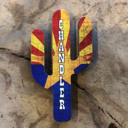 Wooden cactus shaped magnet painted with Arizona flag colors and Chandler vertical letters