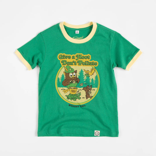 Green Woodsy Owl youth T shirt with yellow trim and a forest scene plus Give a Hoot Don't Pollute slogan