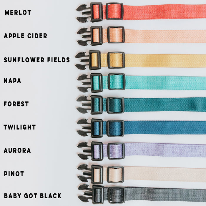 Nine Sassy Woof Pack Straps in red, orange, yellow, teal, green, blue, purple, pink, and black are arranged horizontally. Each adjustable strap displays its color name beside it.