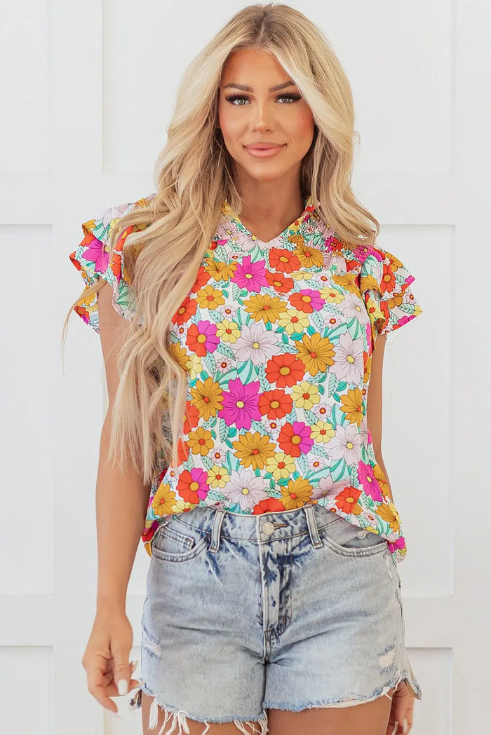 Yellow Floral Print Shirred Tiered Ruffled Sleeve Blouse - S / 100% Polyester - Tops/Blouses & Shirts