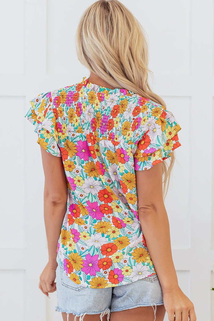 Yellow Floral Print Shirred Tiered Ruffled Sleeve Blouse - Tops/Blouses & Shirts