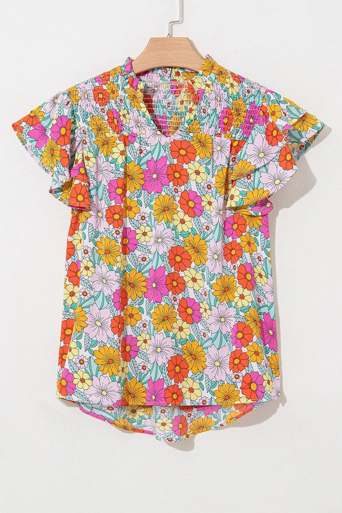 Yellow Floral Print Shirred Tiered Ruffled Sleeve Blouse - Tops/Blouses & Shirts