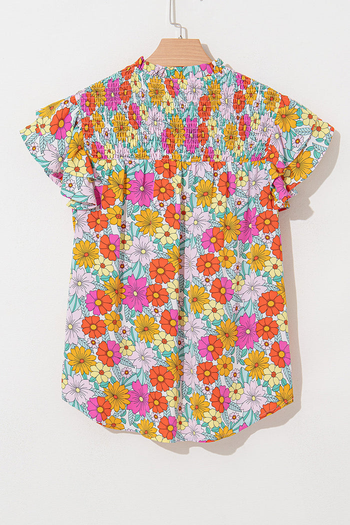 Yellow Floral Print Shirred Tiered Ruffled Sleeve Blouse - Tops/Blouses & Shirts